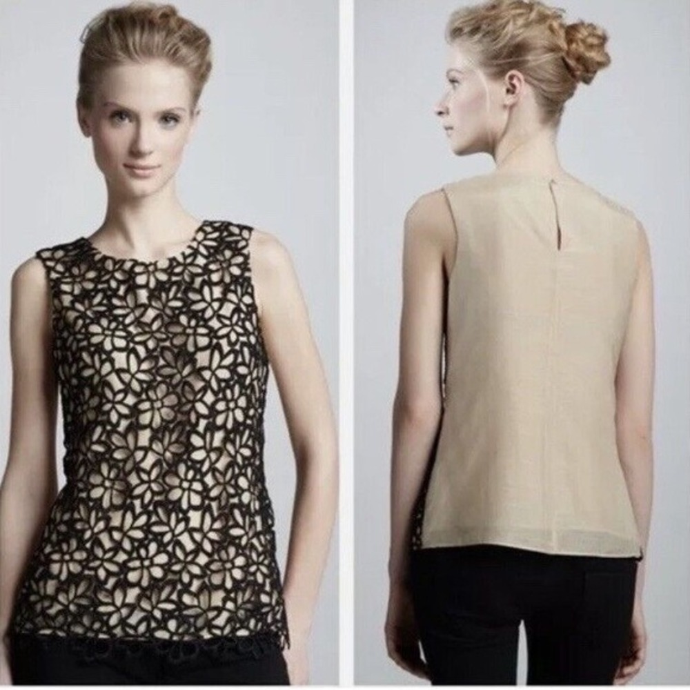 Lela Rose Neiman Marcus‎ Target Tan Black Floral Lace Silk Blend Top Large